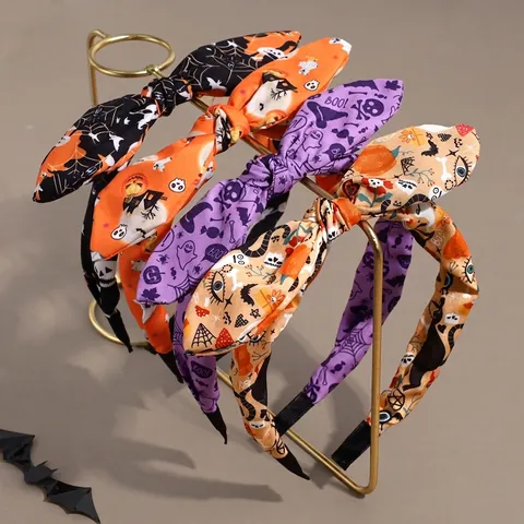 Diadema de Tela con Lazo Anudado Halloween Calabaza Fantasma Calavera Estampado Tocado de Fiesta para Mujer Niña