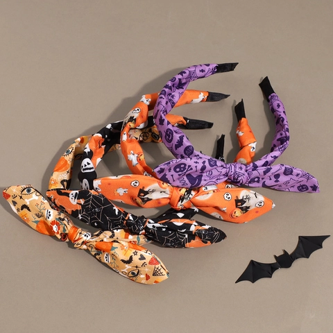 Diadema de Tela con Lazo Anudado Halloween Calabaza Fantasma Calavera Estampado Tocado de Fiesta para Mujer Niña