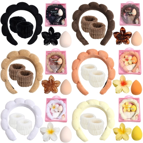 Women Skincare Makeup Headband Set Cloud Plush Headband Wristbands Flower Hair Clip Makeup Sponge Face Washing Beauty Tools Set