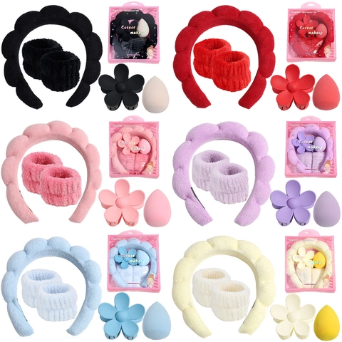 Bandeau Nuage en Velours et Éponge Avec Poignets Pince à Cheveux Fleur Éponge à Maquillage Pour Femme Lavage du Visage Soin de la Peau Accessoires Cheveux