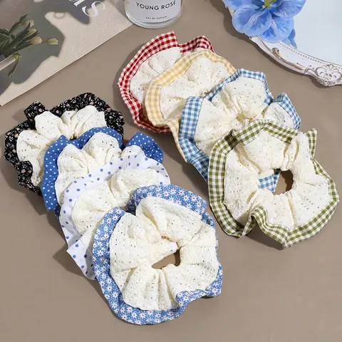 Süße Florale Karomuster Spitze Scrunchies Große Haargummis Vintage Stoff Haarbänder Für Damen Täglich Kopfschmuck Accessoires