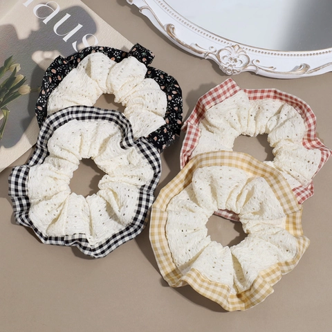 Süße Florale Karomuster Spitze Scrunchies Große Haargummis Vintage Stoff Haarbänder Für Damen Täglich Kopfschmuck Accessoires