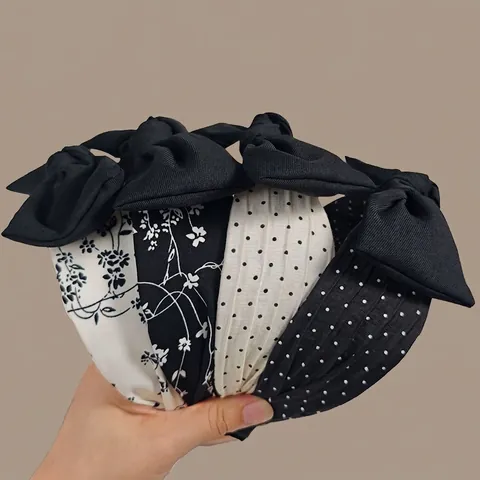 Women Fashion Korean Style Fabric Headband Vintage Floral Polka Dot Knot Bow Wide Hair Band Hair Hoop Headgear Accessory
