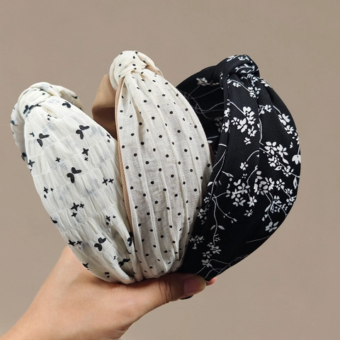 Women Fashion Korean Style Fabric Headband Vintage Floral Polka Dot Knot Bow Wide Hair Band Hair Hoop Headgear Accessory