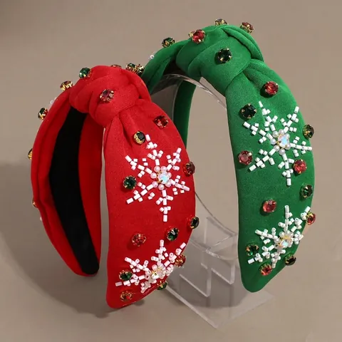 Serre-tête Large Torsadé de Noël pour Femme Strass Flocon de Neige Brodé de Perles Accessoires de Cheveux Fête