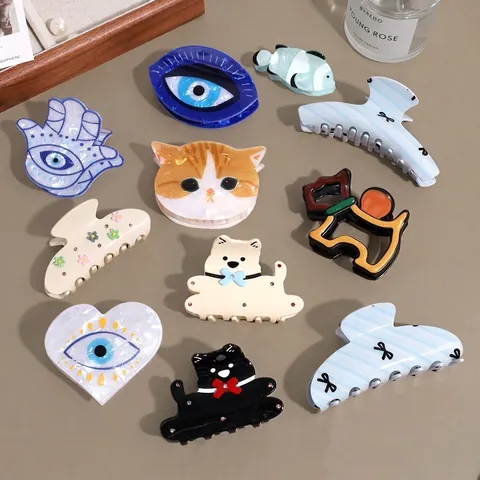 Acetate Hair Claw Clip Evil Eye Hamsa Hand Animal Cat Dog Fish Ribbon Striped Large Hair Jaw Clip Women Styling Accessory