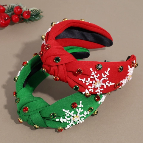 Serre-tête Large Torsadé de Noël pour Femme Strass Flocon de Neige Brodé de Perles Accessoires de Cheveux Fête