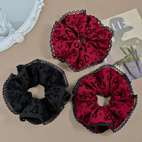 Coletero Estilo Coreano con Borde de Encaje Estampado de Corazón Grande Elástico de Tela para Mujer Accesorios para Cabello