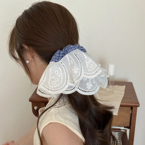 Coletero Estilo Coreano con Borde de Encaje Estampado de Corazón Grande Elástico de Tela para Mujer Accesorios para Cabello