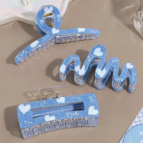 Fermaglio per Capelli in Acrilico Blu Denim Stile Coreano per Donna Moda Motivo a Cuore Stampa Lettera Lucky Accessori per Capelli