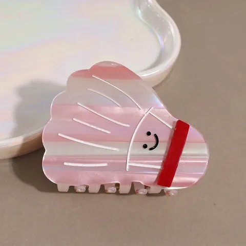 Cute Badminton Shape Claw Clip For Women Sweet Pink White Stripe Acrylic Shark Clip With Smiley Face Hair Accessory