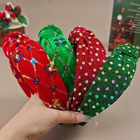 Christmas Knotted Headband Velvet Sequins Snowflake Floral Pattern For Women Holiday Party Hair Accessories