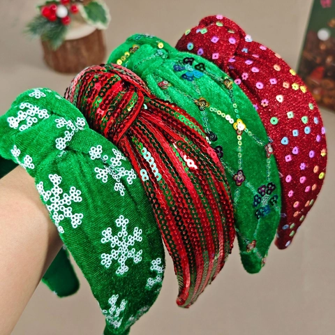 Christmas Knotted Headband Velvet Sequins Snowflake Floral Pattern For Women Holiday Party Hair Accessories