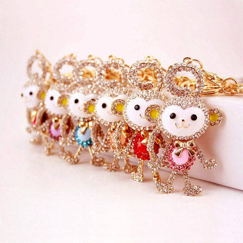 Cute Monkey Rhinestone Keychain Zinc Alloy Animal Bag Charm Sparkling Enamel Monkey Keyring Pendant For Women Daily Gift
