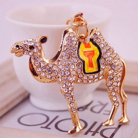 Cute Rhinestone Camel Keychain For Women Zinc Alloy Enamel Desert Animal Pendant Gold Sparkly Key Ring Bag Charm Gift Jewelry