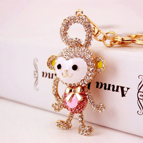 Cute Monkey Rhinestone Keychain Zinc Alloy Animal Bag Charm Sparkling Enamel Monkey Keyring Pendant For Women Daily Gift