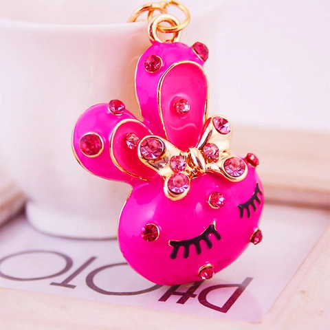 Cute Cartoon Rabbit Head Keychain Zinc Alloy Rhinestone Enameled Animal Pendant For Bag Keys Decoration Women Girls Gift