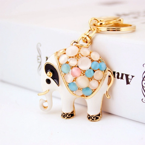 Simpatico Portachiavi Elefante Smalto Bianco Lega Zinco Opale Strass Pendente Borsa Animale Portachiavi Oro Donna Regalo
