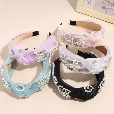 Vintage Mesh Knotted Headband For Women With Artificial Pearl And Rhinestone Flower Design Elegant Retro Hair Hoop Accessory