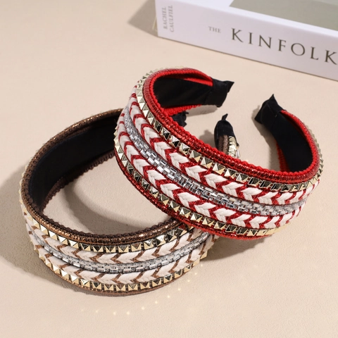 Bohemian Braided Wide Headband For Women With Metal Rivets And Rhinestones Vintage Padded Hair Hoop Elegant Fashion Hair Accessories