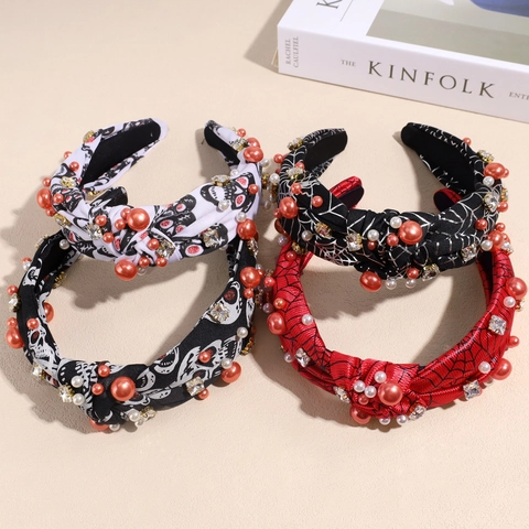 Cerchietto Annodato Halloween Motivo Ragnatela Teschio Fascia Capelli Satin Con Künstliche Perle Sintetiche Strass Per Donna Festa Accessori