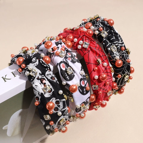 Cerchietto Annodato Halloween Motivo Ragnatela Teschio Fascia Capelli Satin Con Künstliche Perle Sintetiche Strass Per Donna Festa Accessori