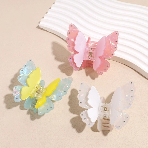 Dreamy Double Layer Butterfly Hair Claw Acetate Rhinestone Shark Clip Fairy Hair Accessories For Women Daily Party Elegant Headwear
