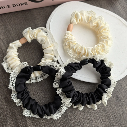 Korean Style Lace Edge Satin Scrunchie For Women Sweet Elegant Pleated Hair Band Vintage French Hair Tie Accessories Assorted