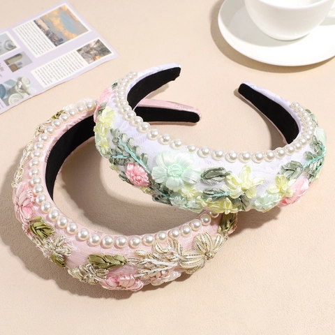 French Vintage Floral Embroidery Sponge Headband With Artificial Pearls For Women Elegant Padded Hair Band For Wedding Party