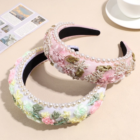 French Vintage Floral Embroidery Sponge Headband With Artificial Pearls For Women Elegant Padded Hair Band For Wedding Party