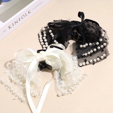 Elegant Large Multi-layer Mesh Bow Hair Claw Clip With Faux Artificial Pearls Satin Ribbon Hair Accessories For Women Girls