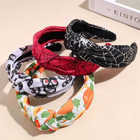 Halloween Knotted Headband Fabric Spider Web Skull Pumpkin Pattern Festive Party Hair Accessories For Women Girls