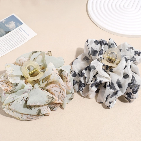Große Stoff Schleife Haarklammer Plissee Chiffon Schmetterling Blumenmuster Shark Clip Für Damen Elegante Haaraccessoires
