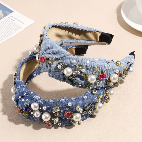 Vintage Denim Knotted Wide Headband With Faux Artificial Pearls Rhinestones Fringed Hair Band For Women Fashion Hair Accessories Gift