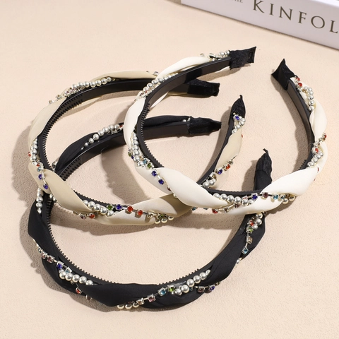 Woven Fabric Headband With Colorful Rhinestones And Faux Artificial Pearls Non-slip Teeth Vintage Hair Hoop For Women Hair Accessory