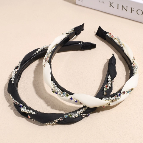 Woven Fabric Headband With Colorful Rhinestones And Faux Artificial Pearls Non-slip Teeth Vintage Hair Hoop For Women Hair Accessory