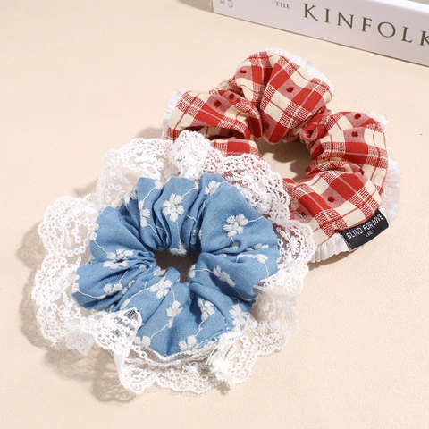 Vintage Karo Punktemuster Blumen Spitze Haargummis Damen Retro Stoff Haarbänder Elastische Haarschmuck