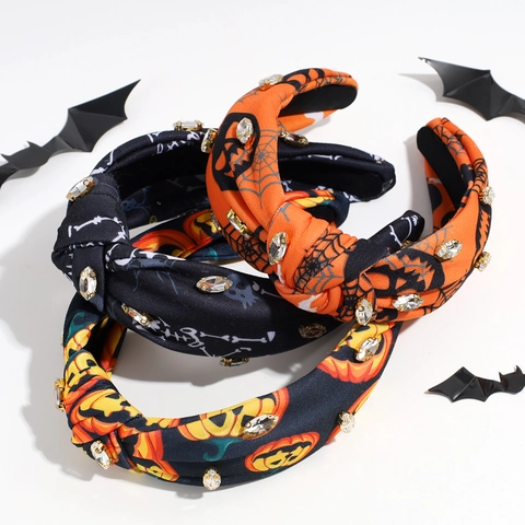 Cerchietto Annodato con Strass Halloween Ragnatela Scheletro Zucca Stampa Fascia in Tessuto Largo Decorazione Festa
