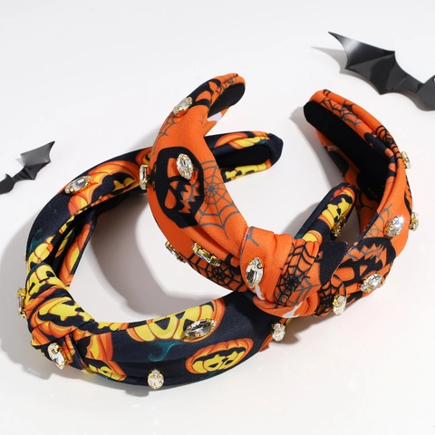 Cerchietto Annodato con Strass Halloween Ragnatela Scheletro Zucca Stampa Fascia in Tessuto Largo Decorazione Festa