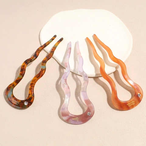 Forcina per Capelli Ondulata in Acetato Fatta a Mano Francese Con Strass Stick per Capelli Vintage a U per Donna Accessorio per lo Styling Elegante