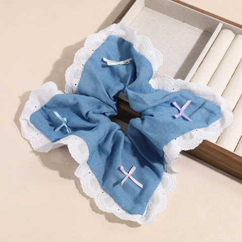 Coletero con Lazo Azul Denim Vintage con Borde de Encaje Blanco Elástico para el Cabello Dulce Lazo Soporte para Coleta Mujer Accesorios