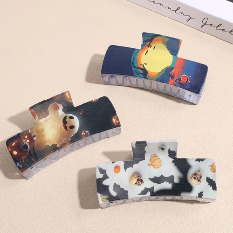 Halloween Acrylic Hair Claw Clip Pumpkin Ghost Bat Skull Print Square Large Hair Catch Festival Accessories For Women