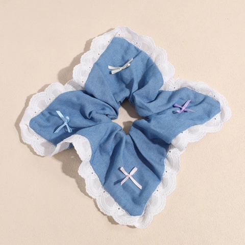 Coletero con Lazo Azul Denim Vintage con Borde de Encaje Blanco Elástico para el Cabello Dulce Lazo Soporte para Coleta Mujer Accesorios