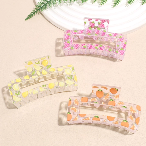 Pinza per Capelli Quadrata in Stile Coreano con Stampa a Frutti in Acrilico Trasparente Grande Fermaglio per Donna Accessorio