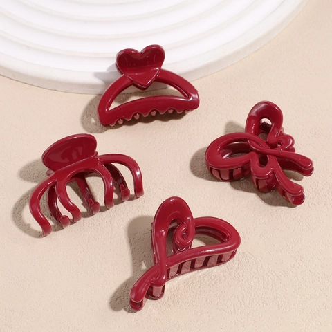 Acryl Haarklammer Für Damen Weinrot Koreanischer Stil Elegant Schleife Herz Wellen Design Rutschfest Haarschmuck Accessoires
