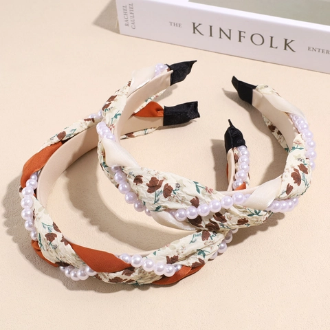 Cerchietto Trecce Torte Francesi Con Perle Artificiali Stile Coreano Dolce Cerchietto in Tessuto Elegante Accessorio Capelli Donna