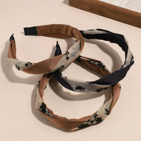Vintage Franse Gevlochten Mesh Stoffen Haarband Bloemen Borduurwerk Satijnen Hoofdband Elegante Twisted Haarsieraden Voor Vrouwen