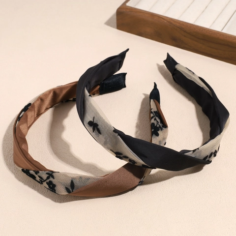 Vintage Franse Gevlochten Mesh Stoffen Haarband Bloemen Borduurwerk Satijnen Hoofdband Elegante Twisted Haarsieraden Voor Vrouwen