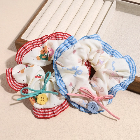 Dolce Elastico per Capelli in Tessuto Stile Coreano Stampa Ciliegia Orso Con Fiocco Bottone Fiore Gingham per Donne