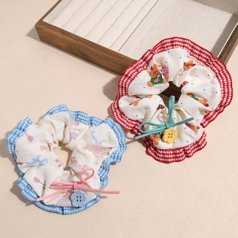 Dolce Elastico per Capelli in Tessuto Stile Coreano Stampa Ciliegia Orso Con Fiocco Bottone Fiore Gingham per Donne